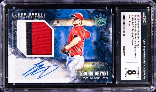 2018 Panini Diamond Kings Shohei Ohtani Jumbo Materials Signatures Holo Blue #JRMS-SO card image
