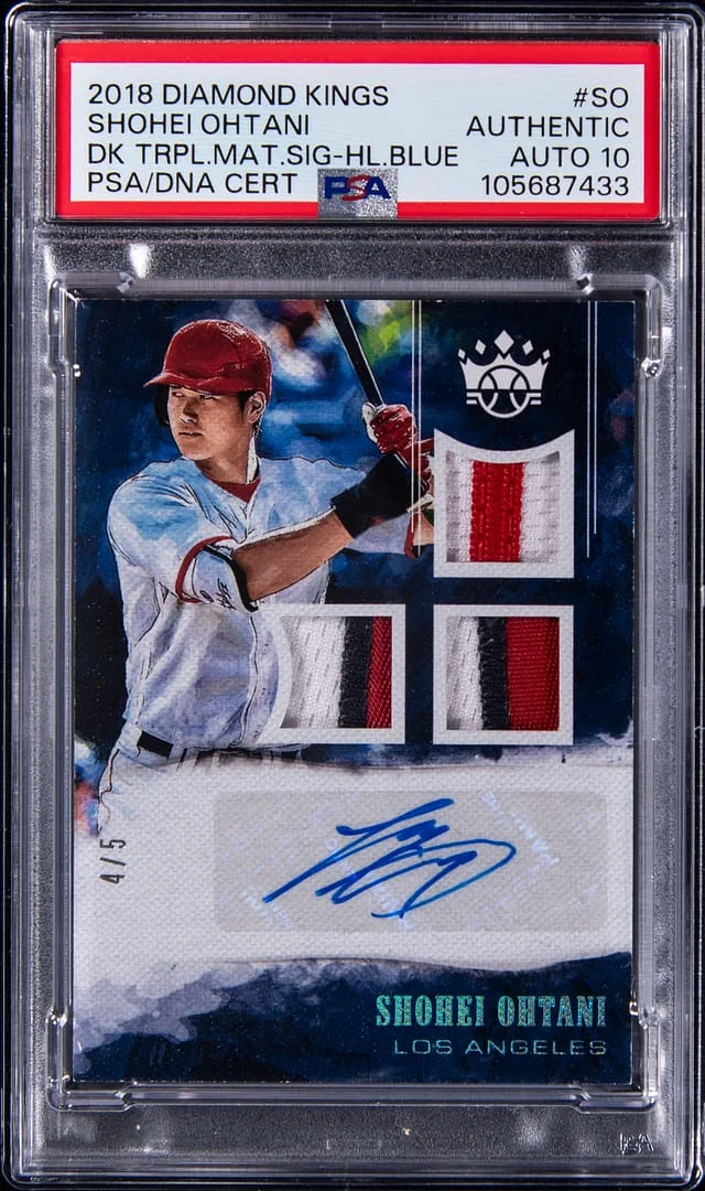 2018 Panini Diamond Kings Shohei Ohtani Triple Material Signature Holo Blue #SO card image
