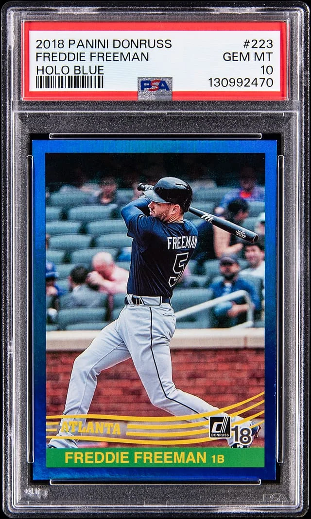 2018 Panini Donruss Freddie Freeman Holo Blue #223 card image