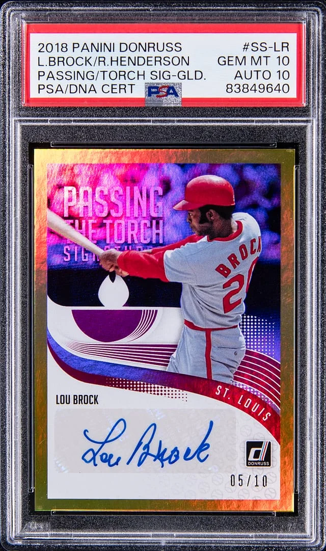 2018 Panini Donruss Lou Brock/Rickey Henderson Passing The Torch Signatures Gold #SS-LR card image