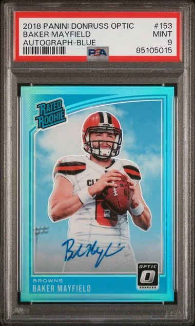 2018 Panini Donruss Optic Baker Mayfield Autograph Blue #153 card image