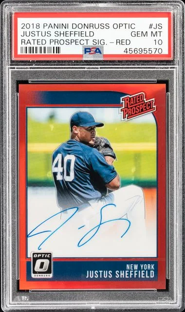 2018 Panini Donruss Optic Justus Sheffield Rated Prospect Signatures Red #JS card image