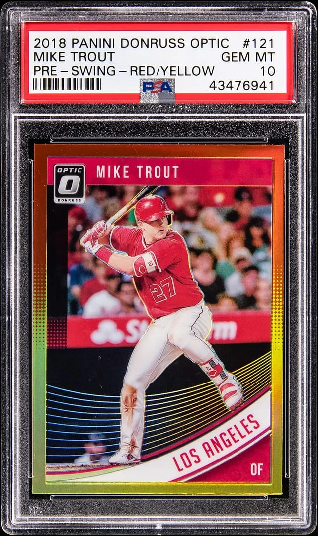 2018 Panini Donruss Optic Mike Trout, Pre-Swing Red/Yellow #121 card image