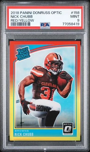 2018 Panini Donruss Optic Nick Chubb Red/Yellow #158 card image
