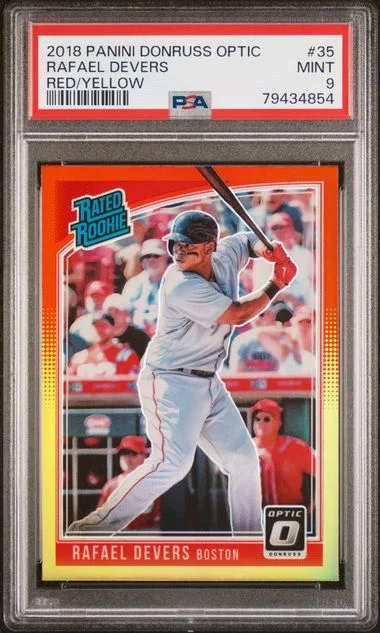 2018 Panini Donruss Optic Rafael Devers Red/Yellow #35 card image