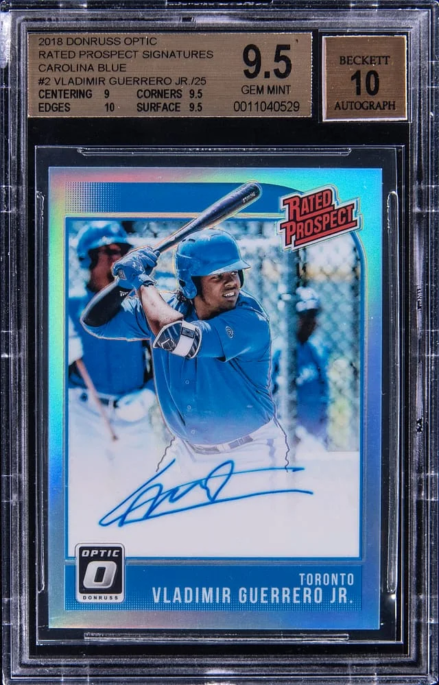 2018 Panini Donruss Optic Vladimir Guerrero Jr. Rated Prospect Signatures Carolina Blue #RPS-VG card image