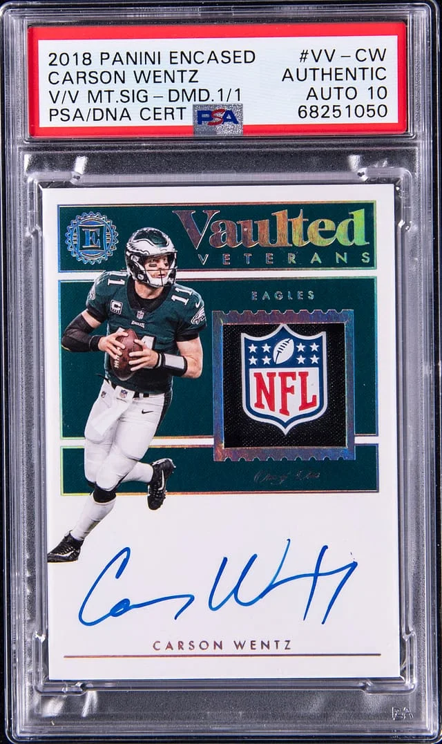 2018 Panini Encased Carson Wentz Vaulted Veterans Material Signatures Diamond 1/1 #VV-CW card image