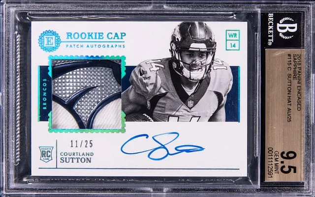 2018 Panini Encased Courtland Sutton Cap Patch Autographs Sapphire #115 card image