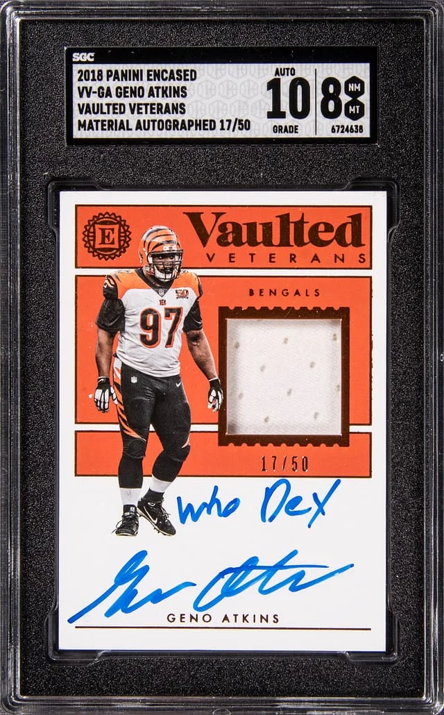 2018 Panini Encased Geno Atkins Vaulted Veterans Material Autographed #VV-GA card image