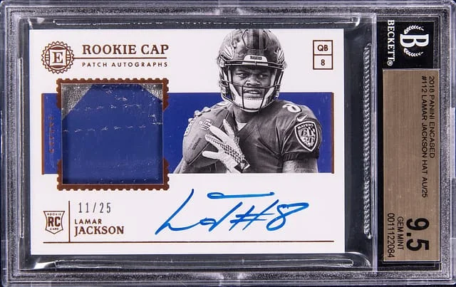 2018 Panini Encased Lamar Jackson Cap Patch Autographs #112 card image