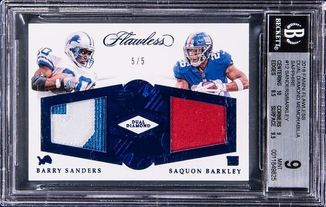 2018 Panini Flawless Barry Sanders/Saquon Barkley Dual Diamond Memorabilia Sapphire #DD-SB card image