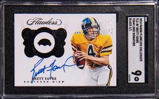 2018 Panini Flawless Brett Favre Collegiate Team Logo Signature Black #TLS-BF card image