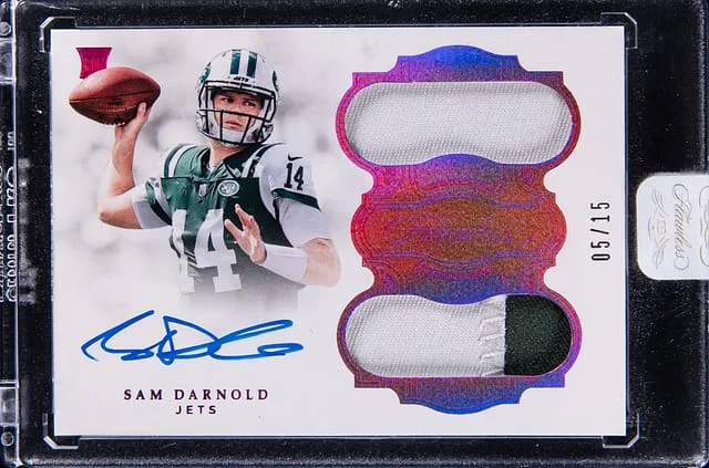 2018 Panini Flawless Dual Patch Autographs Purple RCD-SD Sam Darnold #no-number card image