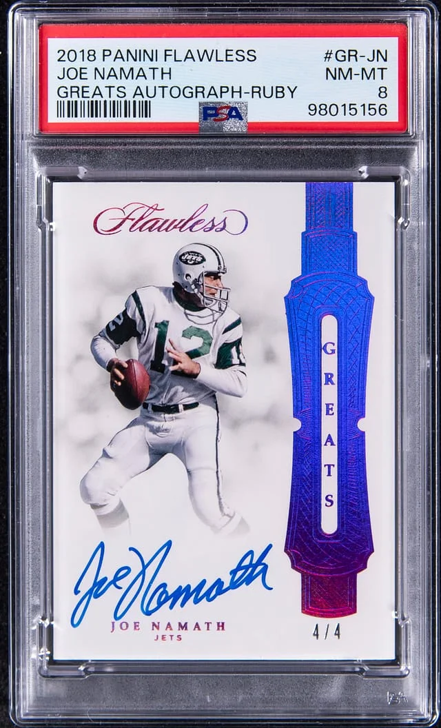 2018 Panini Flawless Joe Namath Greats Autograph-Ruby #GR-JN card image