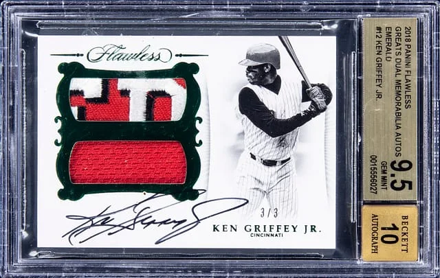 2018 Panini Flawless Ken Griffey Jr. Greats Dual Memorabilia Autographs Emerald #GDM-KG2 card image