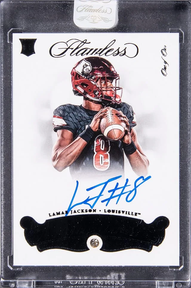 2018 Panini Flawless Lamar Jackson Collegiate Gems Signatures Black #104 card image