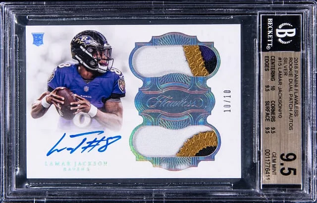 2018 Panini Flawless Lamar Jackson Dual Patch Autographs Silver #15 card image