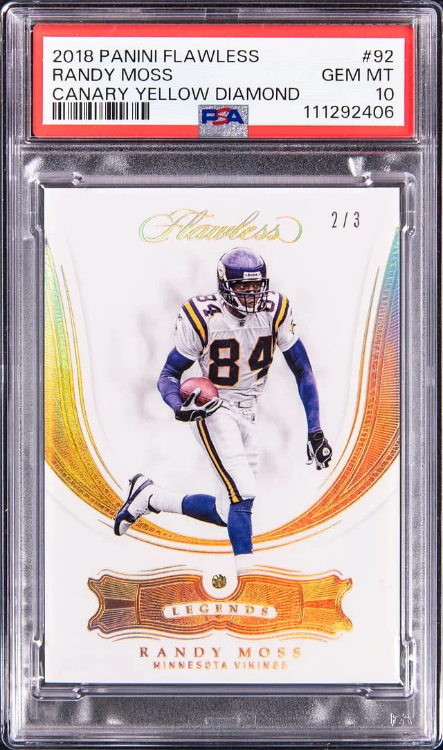 2018 Panini Flawless Randy Moss Diamond Canary Yellow Diamond #92 card image