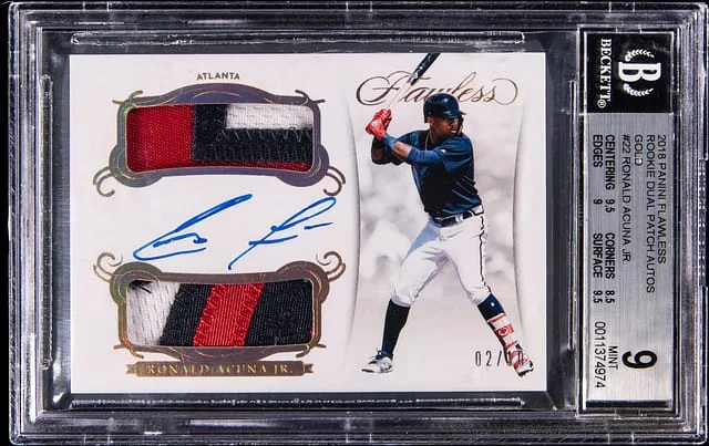 2018 Panini Flawless Ronald Acuna Jr. Dual Patch Autographs Emerald #RDP-RAJ card image