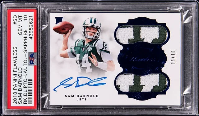 2018 Panini Flawless Sam Darnold Dual Patch Autograph Sapphire #SD card image