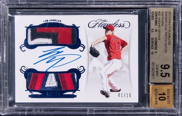 2018 Panini Flawless Shohei Ohtani Dual Patch Autographs Sapphire #RDP-SO card image