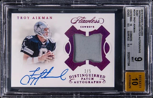 2018 Panini Flawless Troy Aikman Distinguished Patch Autographs Ruby #DI-TA card image