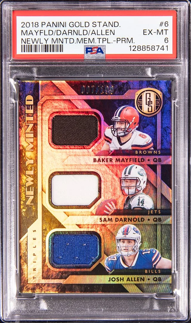 2018 Panini Gold Standard Baker Mayfield/Sam Darnold/Josh Allen Newly Minted Memorabilia Triple #6 card image