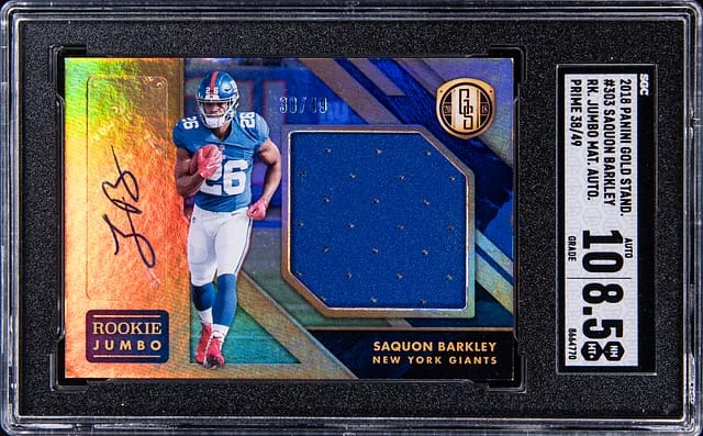 2018 Panini Gold Standard Saquon Barkley Jumbo Material Autograph Prime #303 card image
