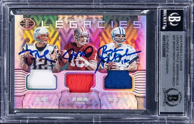 2018 Panini Illusions Joe Montana/Tom Brady/Roger Staubach Multi-Signed Legacies Triple Memorabilia #LT-20 card image