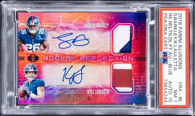 2018 Panini Illusions Saquon Barkley/Kyle Lauletta Reflection Dual Patch Autographs Blue #RA-BL card image