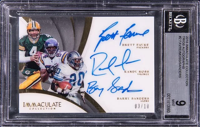 2018 Panini Immaculate Collection Brett Favre/Randy Moss/Barry Sanders Multi-Signed Trios Autographs #TA-FMS card image