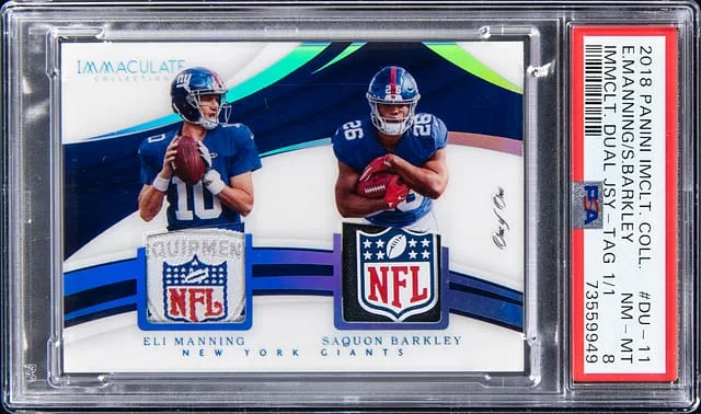 2018 Panini Immaculate Collection Eli Manning/Saquon Barkley Immaculate Dual Jersey Tags #DU-11 card image