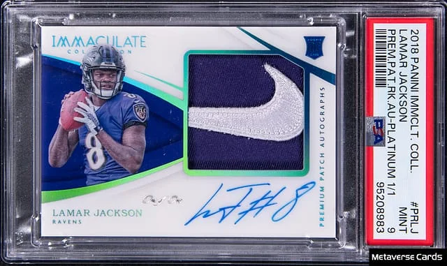 2018 Panini Immaculate Collection Lamar Jackson Premium Patch Autographs Platinum #PR-LJ card image