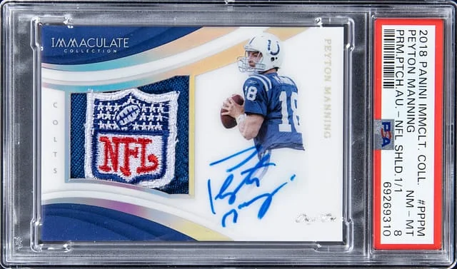 2018 Panini Immaculate Collection Peyton Manning Premium Patch Autograph NFL Shield #PP-PM card image