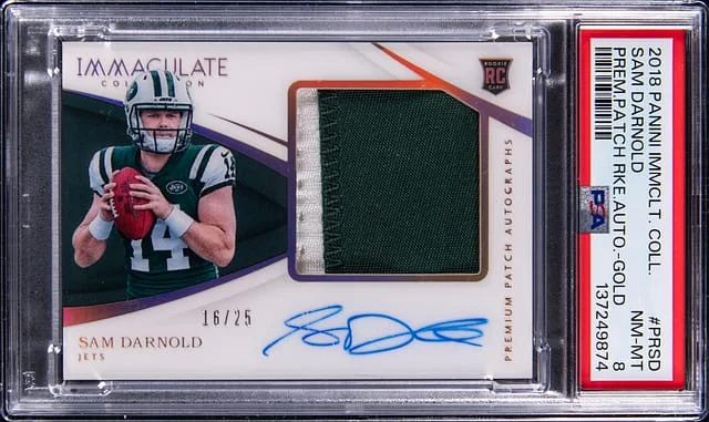 2018 Panini Immaculate Collection Sam Darnold Premium Patch Autographs Gold #PR-SD card image