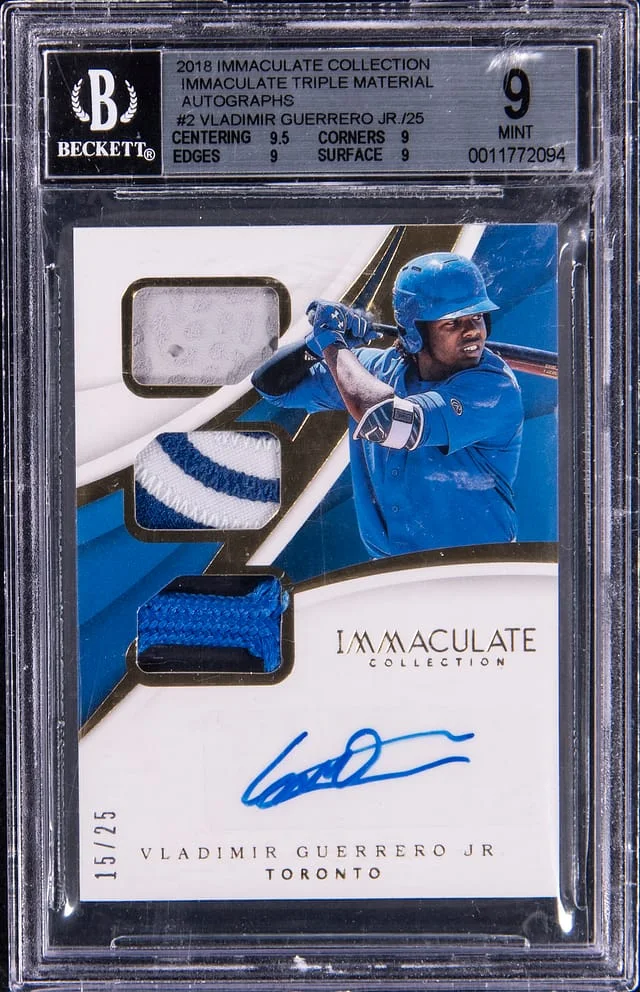 2018 Panini Immaculate Collection Vladimir Guerrero Jr. Immaculate Triple Material Autographs #TMA-VG card image