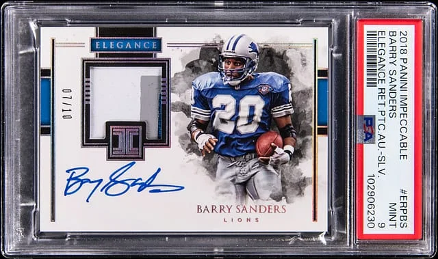 2018 Panini Impeccable Barry Sanders Elegance Retired Patch Autograph Silver #ERP-BS card image