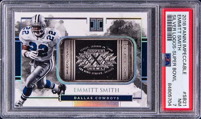 2018 Panini Impeccable Emmitt Smith Silver Ounce Silver Logos Super Bowl #SB21 card image