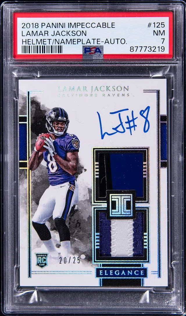 2018 Panini Impeccable Lamar Jackson Elegance Duals Autograph #125 card image