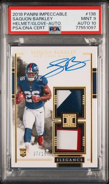 2018 Panini Impeccable Saquon Barkley Helmet/Glove-Autograph #138 card image