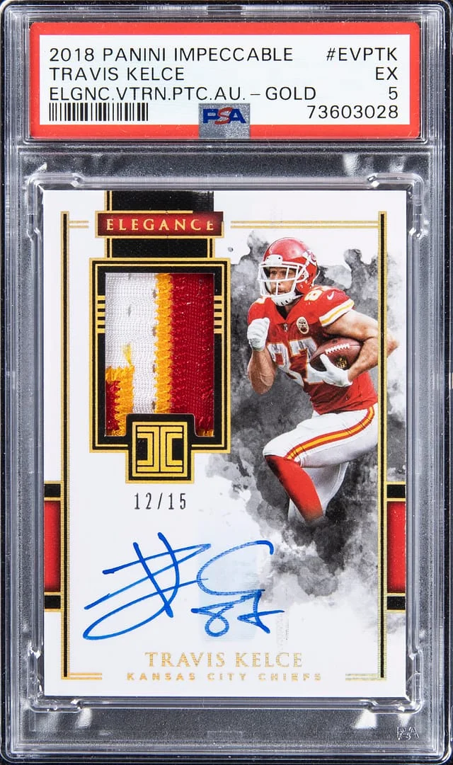 2018 Panini Impeccable Travis Kelce Elegance Veterans Gold #EVP-TK card image