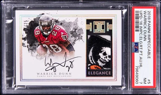 2018 Panini Impeccable Warrick Dunn Update 2016 Impeccable Elegance Retired Patch Autograph Holo #5 card image