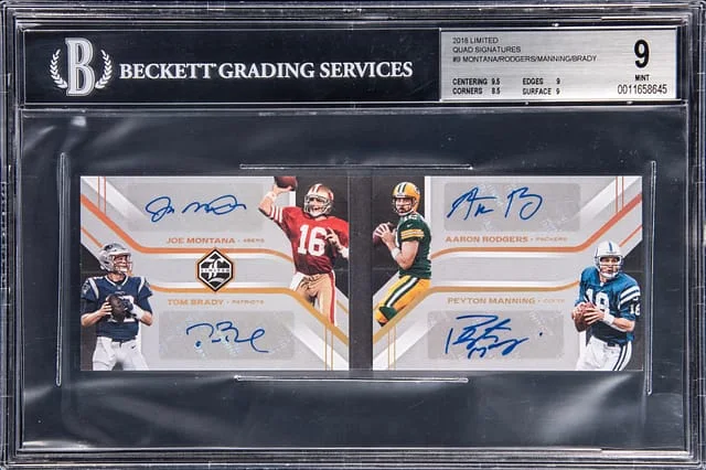 2018 Panini Joe Montana/Aaron Rodgers/Peyton Manning/Tom Brady Multi-Signed Limited Quad Signatures #9 card image