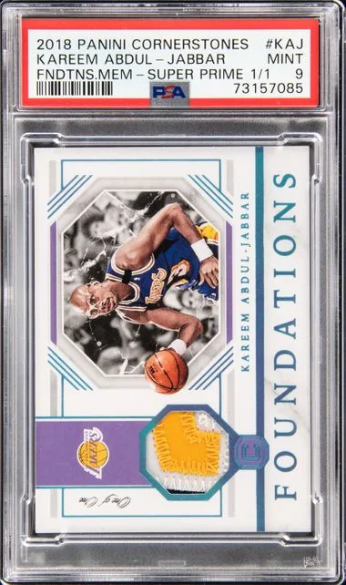 2018 Panini Kareem Abdul-Jabbar Cornerstones Foundations Memorabilia Super Prime 1/1 #FM-KAJ card image