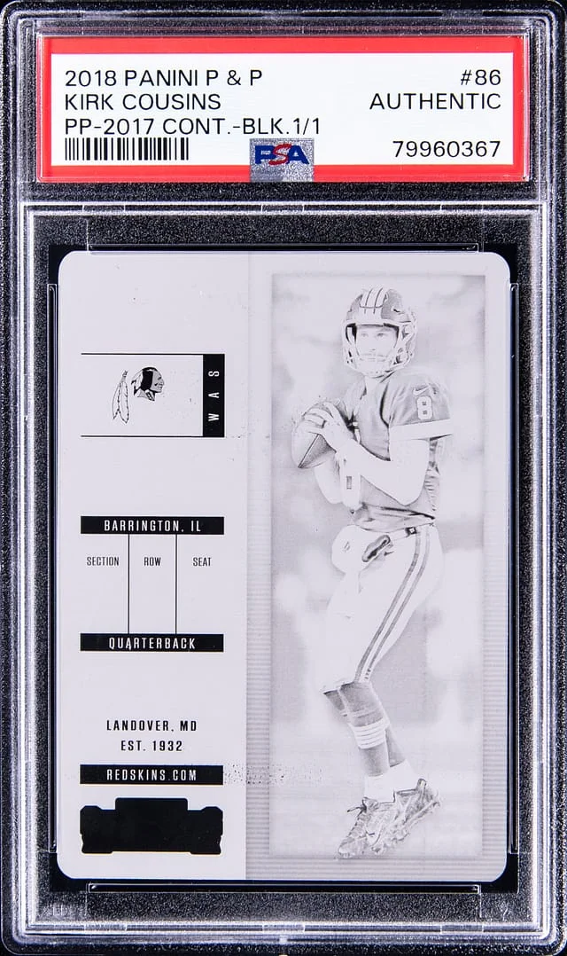 2018 Panini Kirk Cousins Plates and Patches 2017 Contenders Black Printing Plate #86 card image