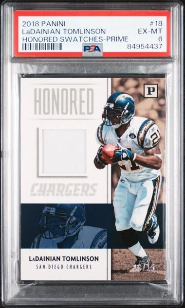 2018 Panini Ladainian Tomlinson Honored Swatches Prime #18 card image