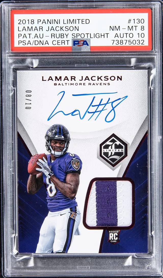2018 Panini Lamar Jackson Limited Patch Autographs Ruby Spotlight #130 card image