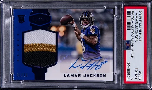 2018 Panini Lamar Jackson Plates & Patches Patch Autograph Blue #236 card image