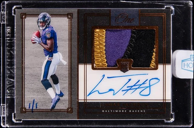 2018 Panini Lamar Jackson One Premium Patch Autograph (RPA) Red '22 Panini Honors #46 card image