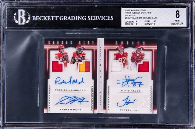 2018 Panini Mahomes II/Hunt/Kelce/Hill Multi-Signed Playbook Front 4 Jersey Signature Booklets #1 card image